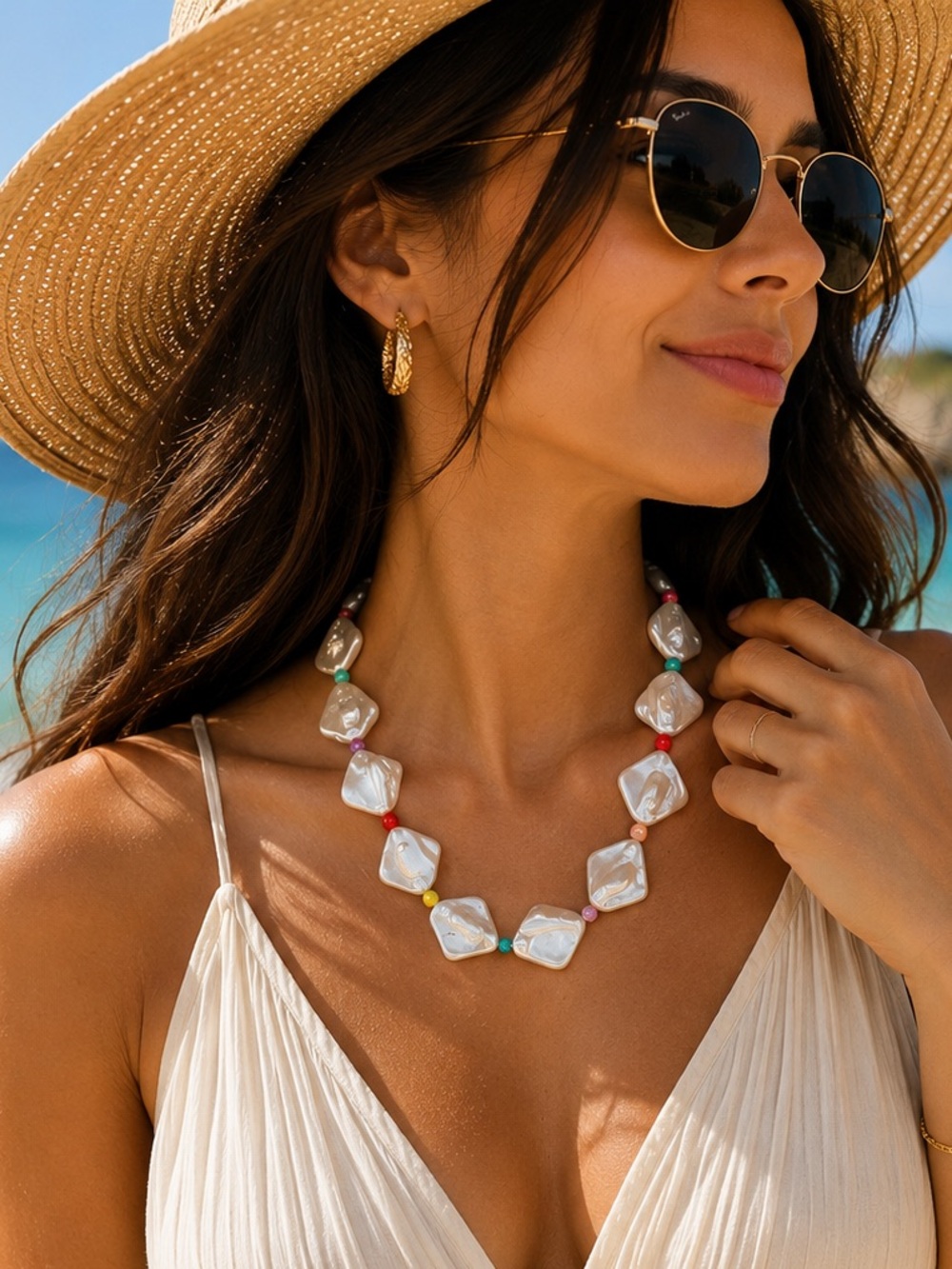 White Iridescent Square Pearl Necklace with Multicolor Accent Beads